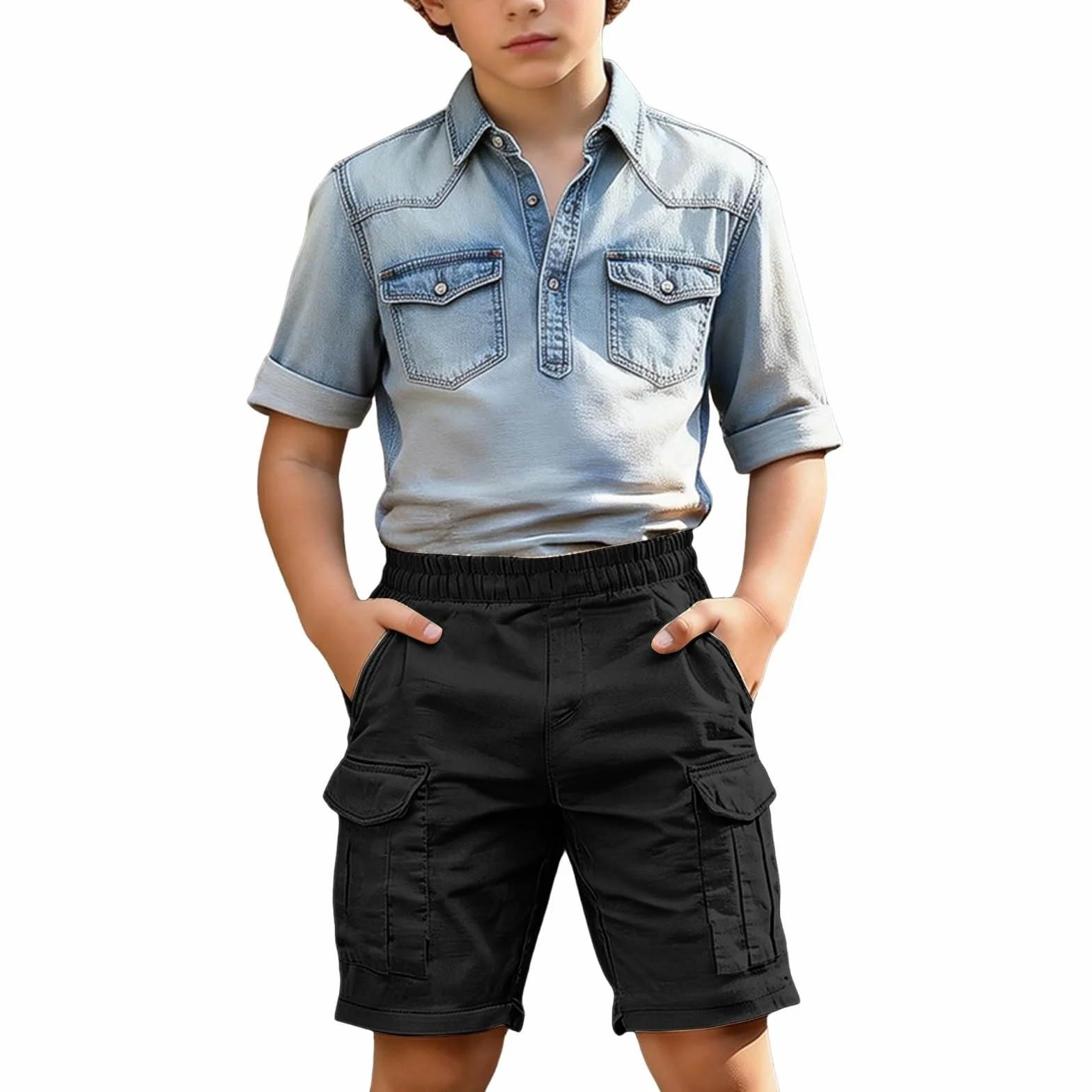Pantalones cortos de verano para niños, cintura elástica, casuales, con bolsillos, ligeros, pierna recta, para correr al aire libre, senderismo, pantalones cortos