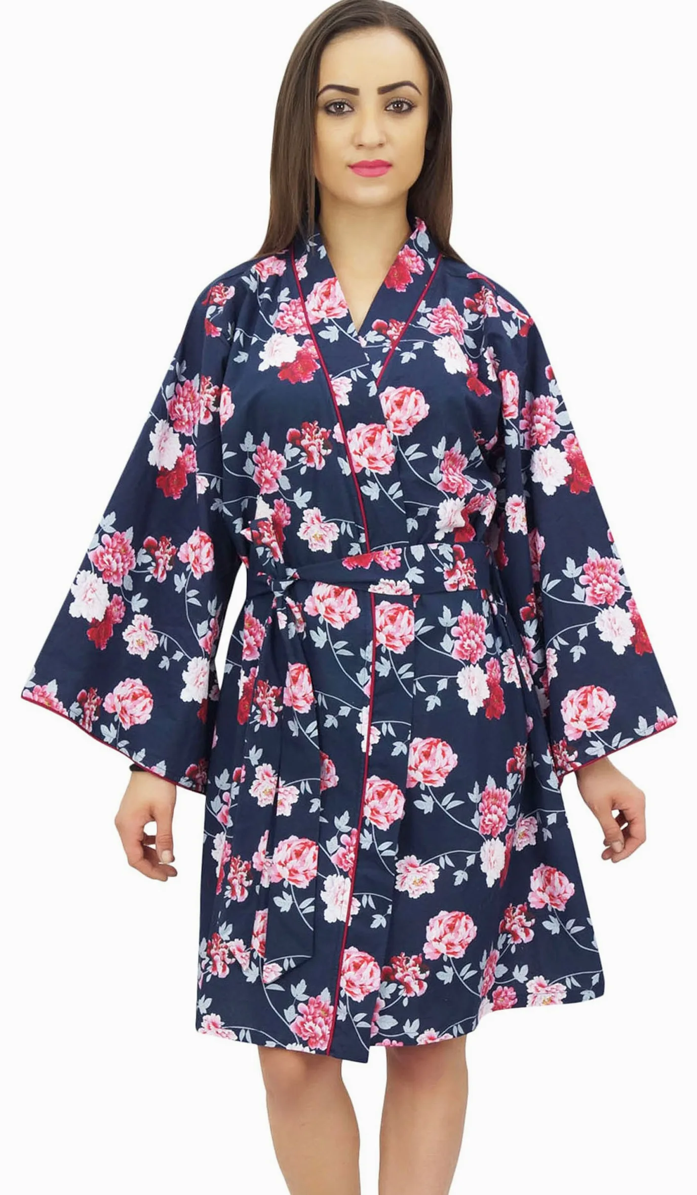 Bimba Mujeres Estampado De Flores De Algodon Popelin Kimono Coverup túnica con Belt - 36