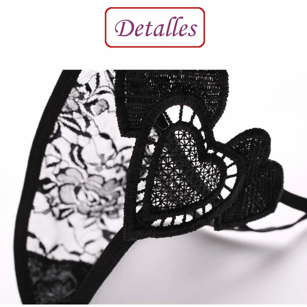 VicSec 4 Pack Braguitas Sexy Encaje Fina Tanga G-String Lencería Interior Espalda Decora Corazon Talla Única (Negro Blanco Rojo Azul)