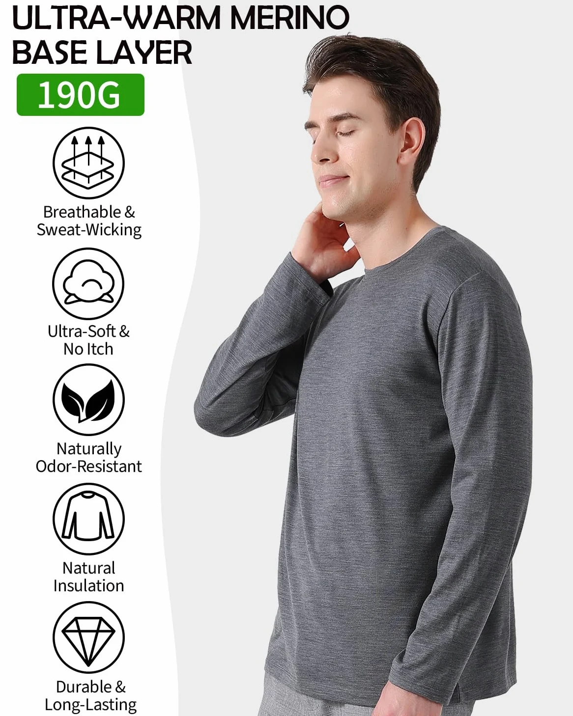 Camiseta de manga larga de lana merino 100 % para hombre, ropa interior térmica para hombre