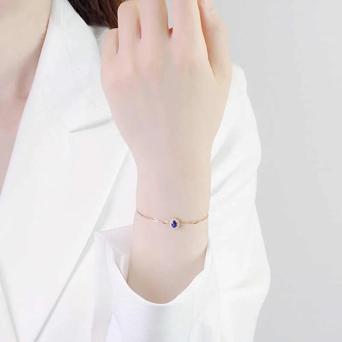 Pulseras de oro rosa para mujer, pulsera de promesa de zafiro azul de 0,4 quilates, cadena ovalada de doble capa con diamantes