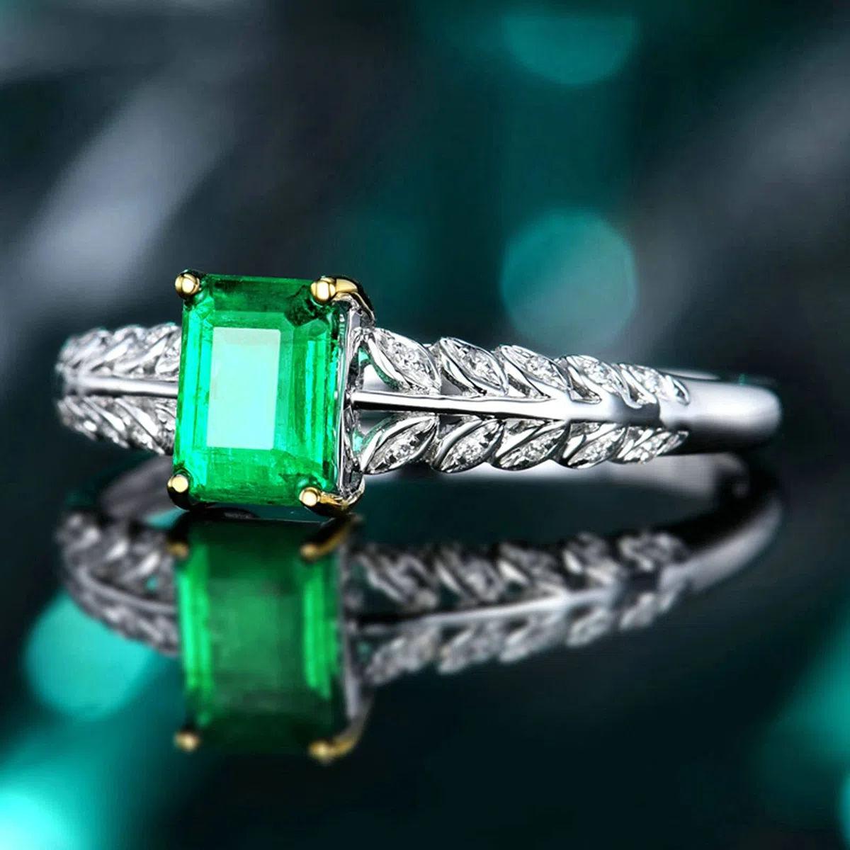 Anillo de boda para mujer de platino, talla 1/2-V 1/2, anillos de compromiso con hojas de 4 garras con esmeralda de 1 ct y moissanita