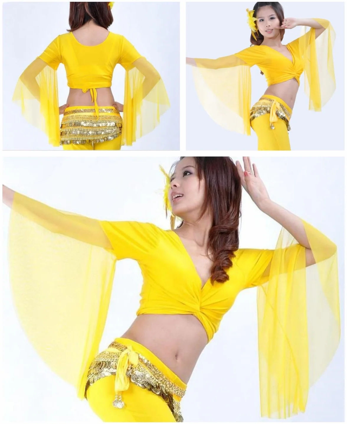 Blusa de baile mangas acampanadas mujer cuello V tul 3/4 cruzada danza del vientre tribal