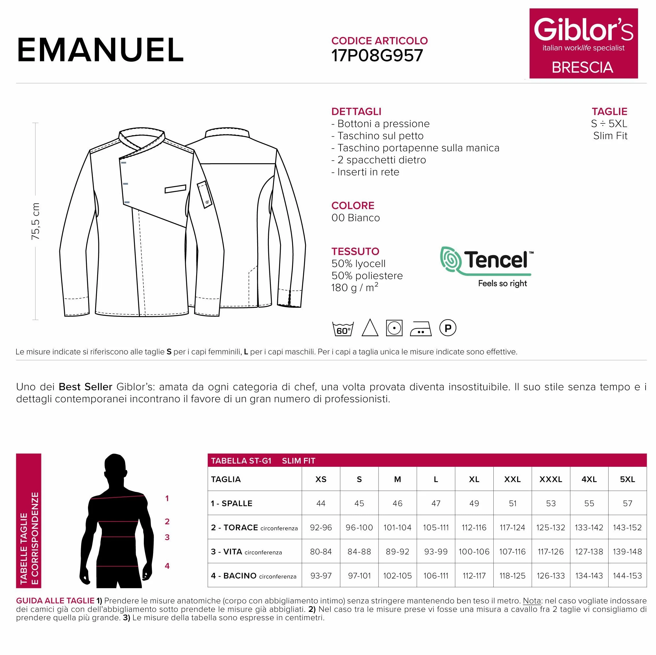 GIBLOR'S Art. 20P08G958 Chaqueta de cocinero Emanuel con botones a presión color azul, alta calidad, novedad 2020, Color blanco., L