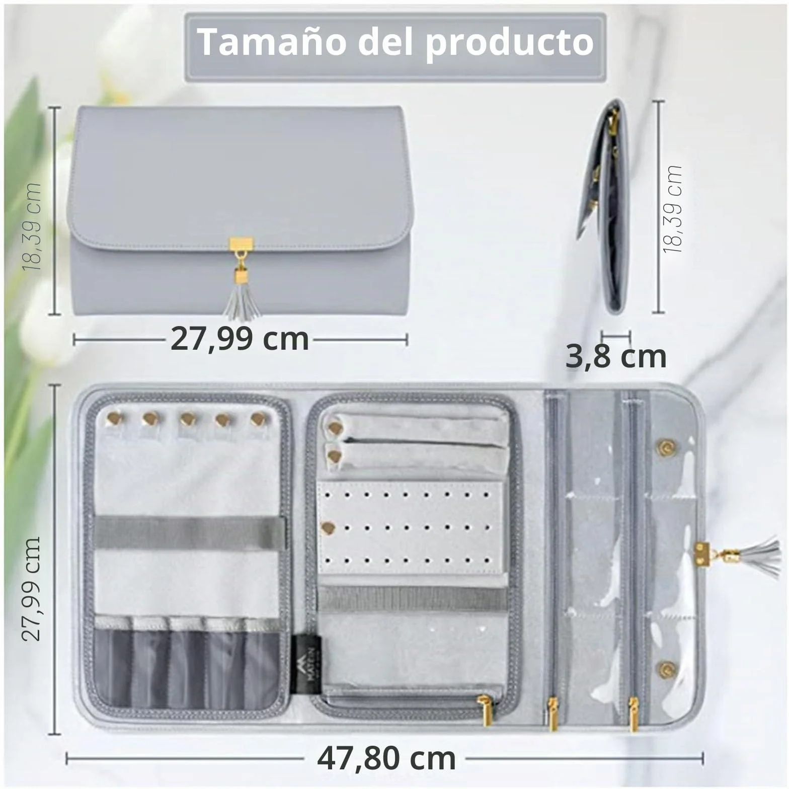Rollo de Joyería Plegable Portáti Gran Capacidad Bolsa de Rollo de Joyería Portáti Enrollable Suave para Joyería Caja Joyero Portátil para Collares,Pendientes,Anillos, Pulsera,Pendientes Anillos(Gris)