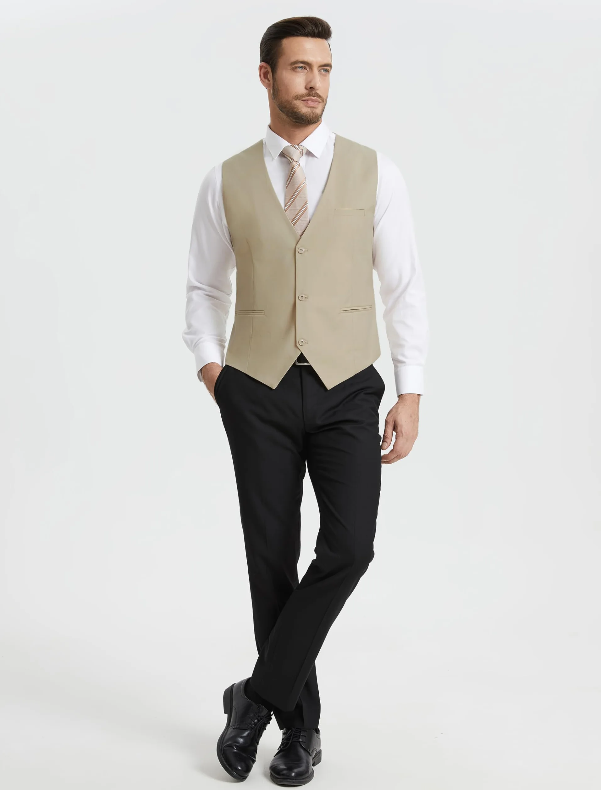 HISDERN Chaleco Traje Hombre Elegante Formal Clásico Color Liso Ajustable 3 Botones Bolsillo Boda Ceremonias S-4XL