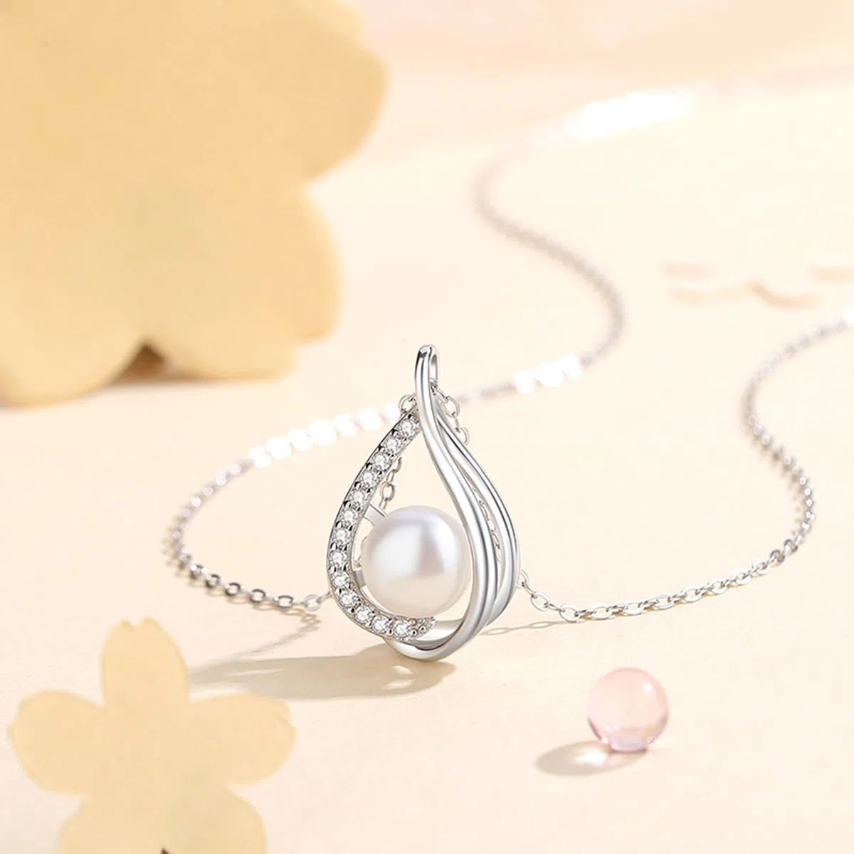 Collares de oro blanco para mujer, lágrima hueca de oro blanco de 9K/14K/18K con perla y colgante de moissanita, cadena Rolo: 40+5cm
