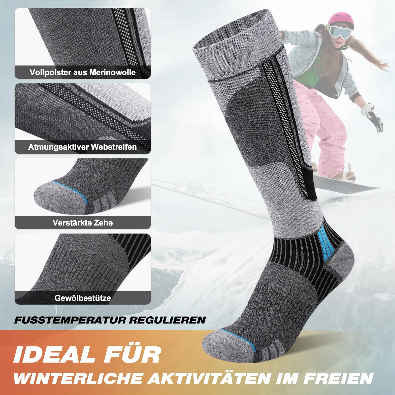 SukModen 2 pares de calcetines de esquí de lana merino para hombre, mujer y jóvenes, calcetines térmicos gruesos para días fríos, esquí y snowboard, talla 35-50