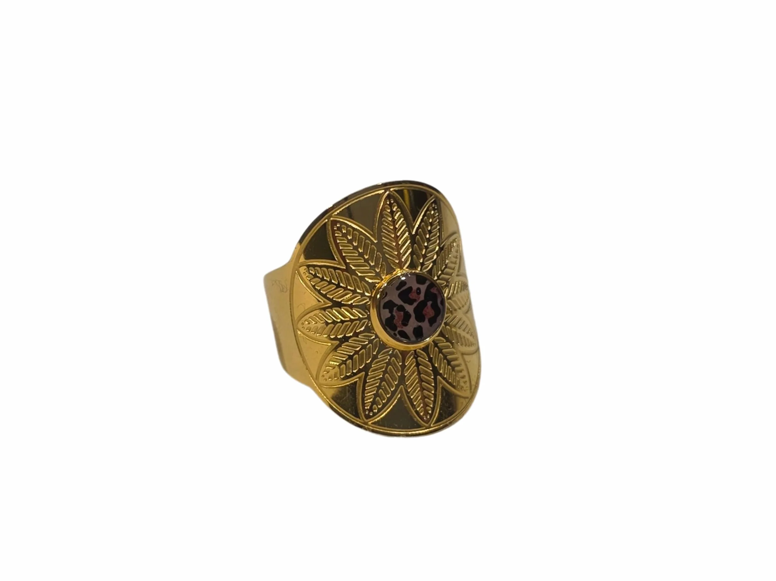 Lydée - Anillo ajustable étnico acero inoxidable dorado hecho a mano con diseño de leopardo