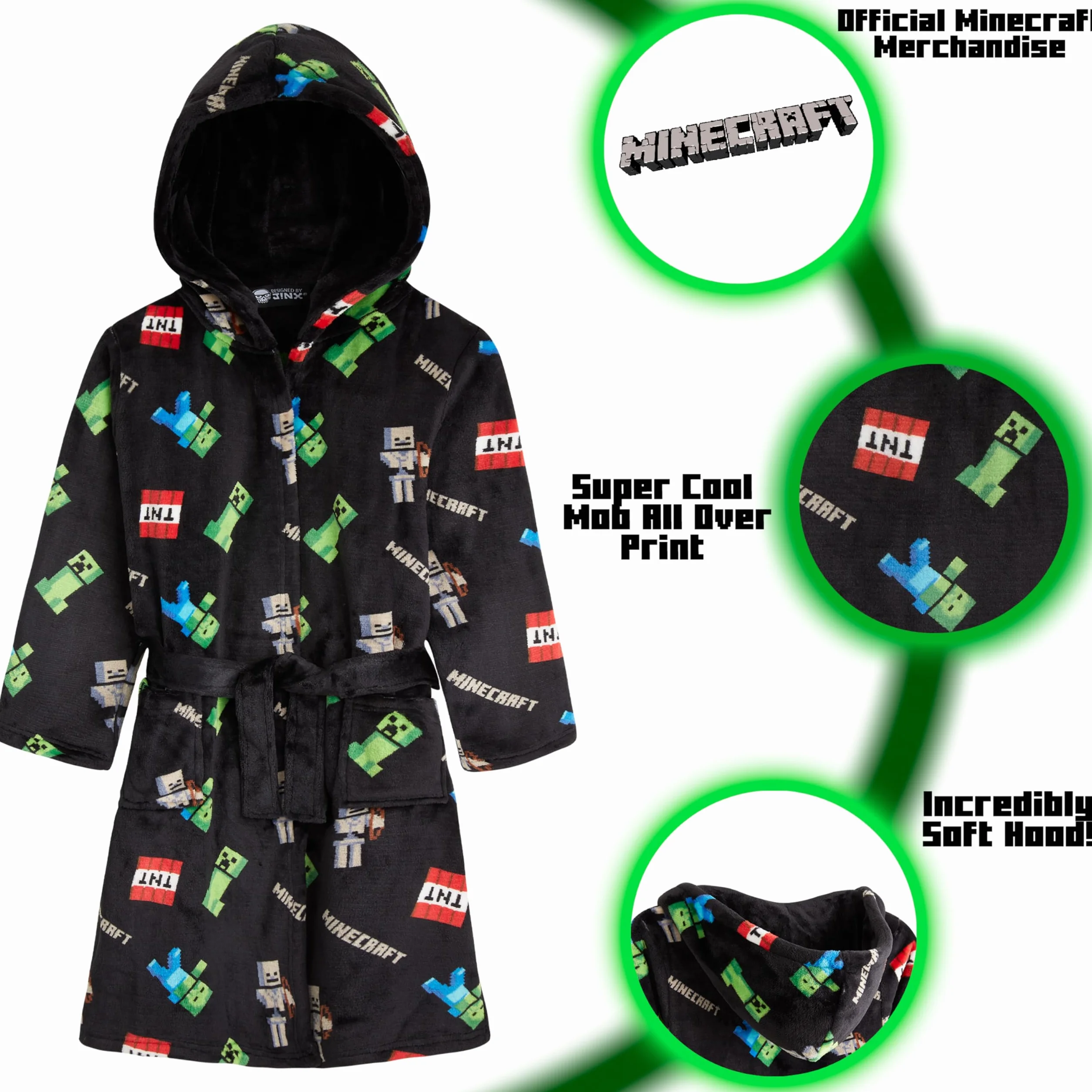 Minecraft Albornoz Niños Creeper Bata Adolescente Felpa Suave Capucha Cinturón Bolsillos Ropa Dormir Regalos