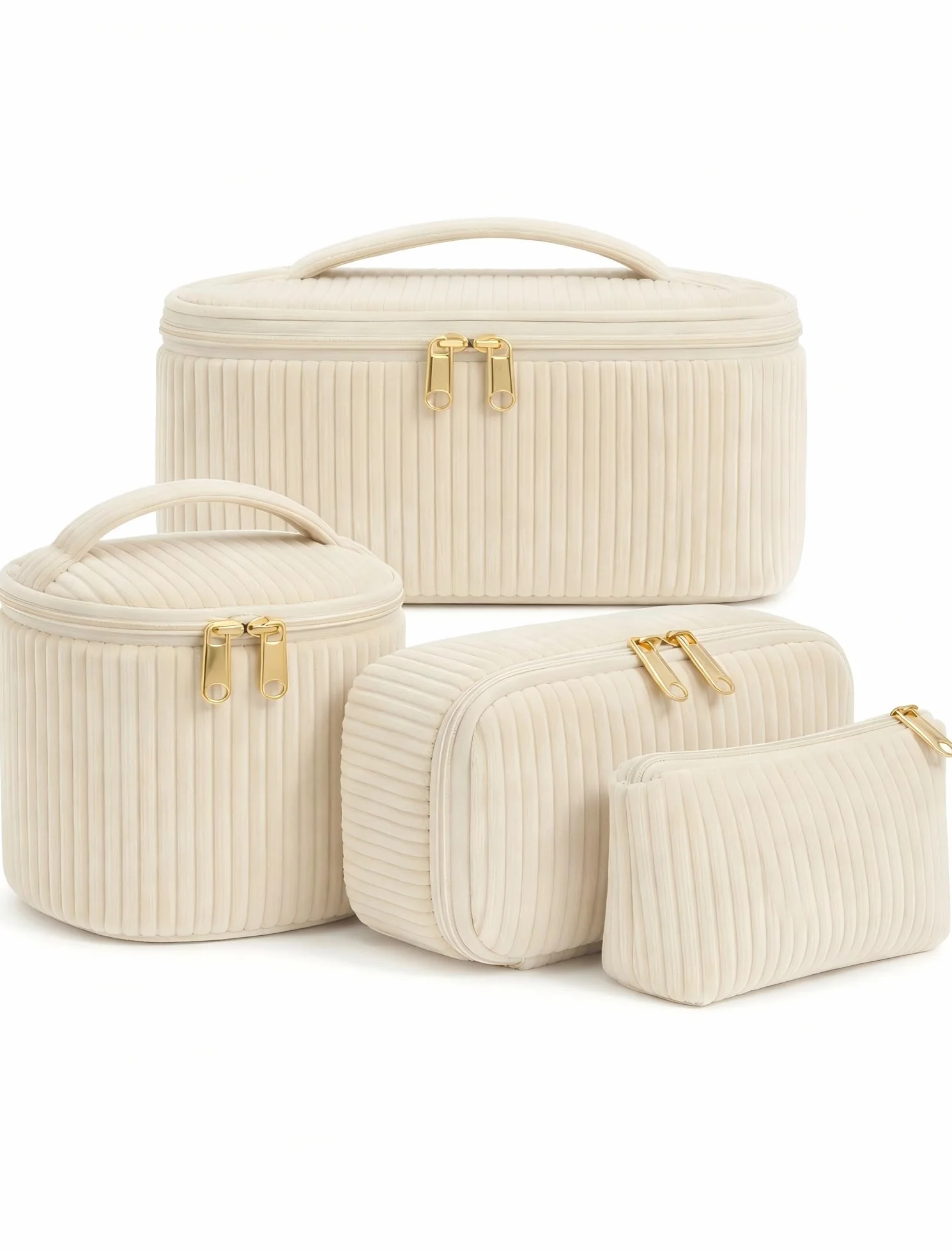 Set de 4 Neceseres Maquillaje Mujer de Nailon con Asa, Estuche Cosméticos Grande Mediano Pequeño Mini, Organizador de Viaje y Uso Diario, Beige