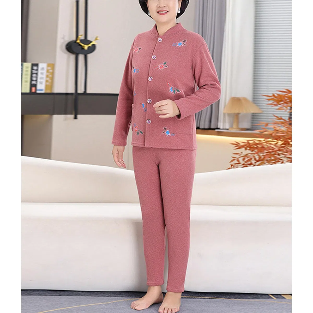Abuela Mamá Mujeres De Edad Media Cardigan Pantalones Superiores Conjuntos Cálido Térmico Largo Johns Ropa Exterior Chaqueta Capa Base Pijama