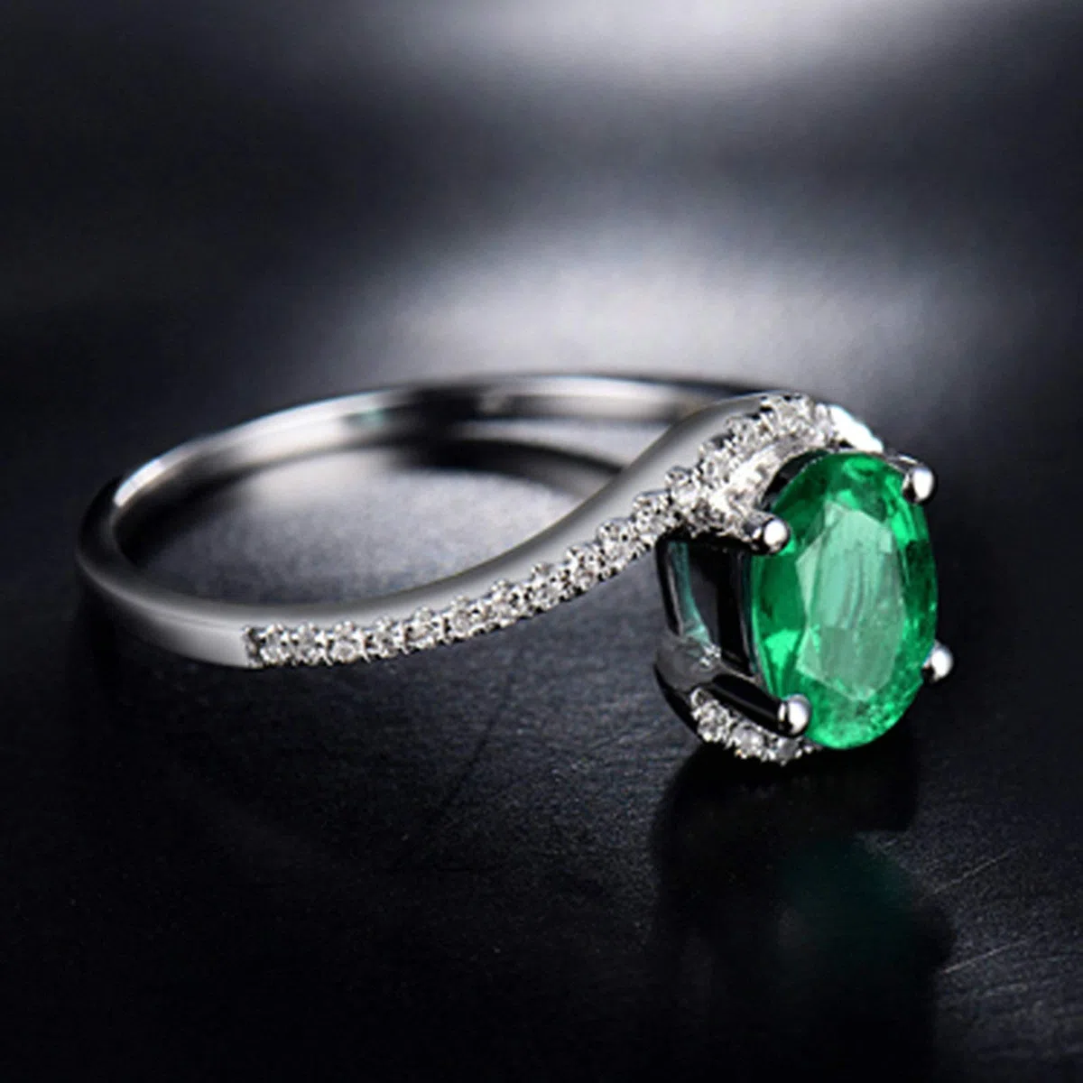 Anillo de oro blanco esmeralda 750 585 375, talla 47 (15,0)-65 (20,7), anillo de boda para mujer, engaste de 4 puentes, con esmeralda ovalada de 1 ct y moissanite 0,1 ct