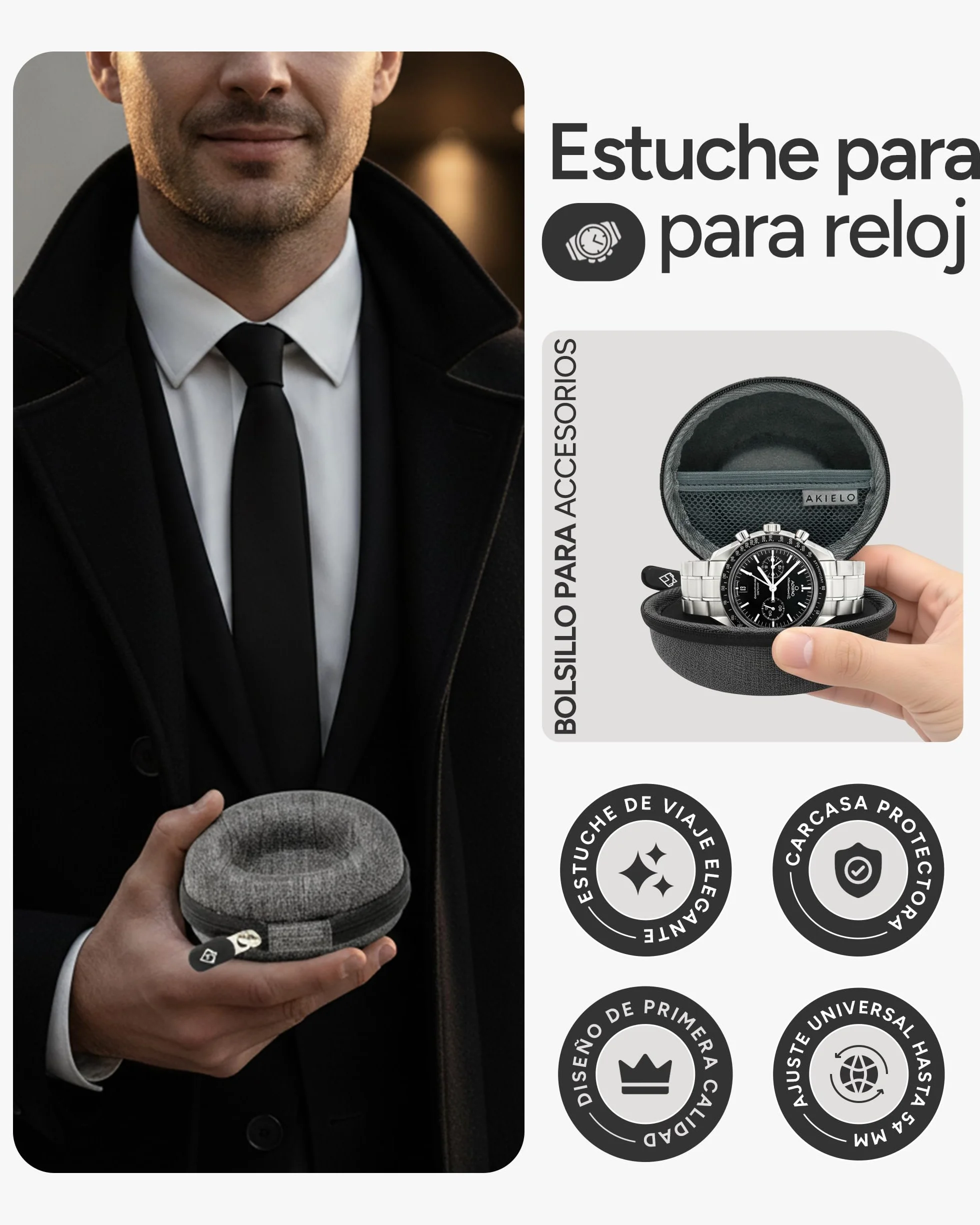 AKIELO Caja para Relojes de Viaje con Paño de Limpieza y Caja Regalo – Compatible con Relojes de Pulsera para Hombre y Mujer y Relojes Inteligentes de hasta 54 mm (Edición Gris Carbón)