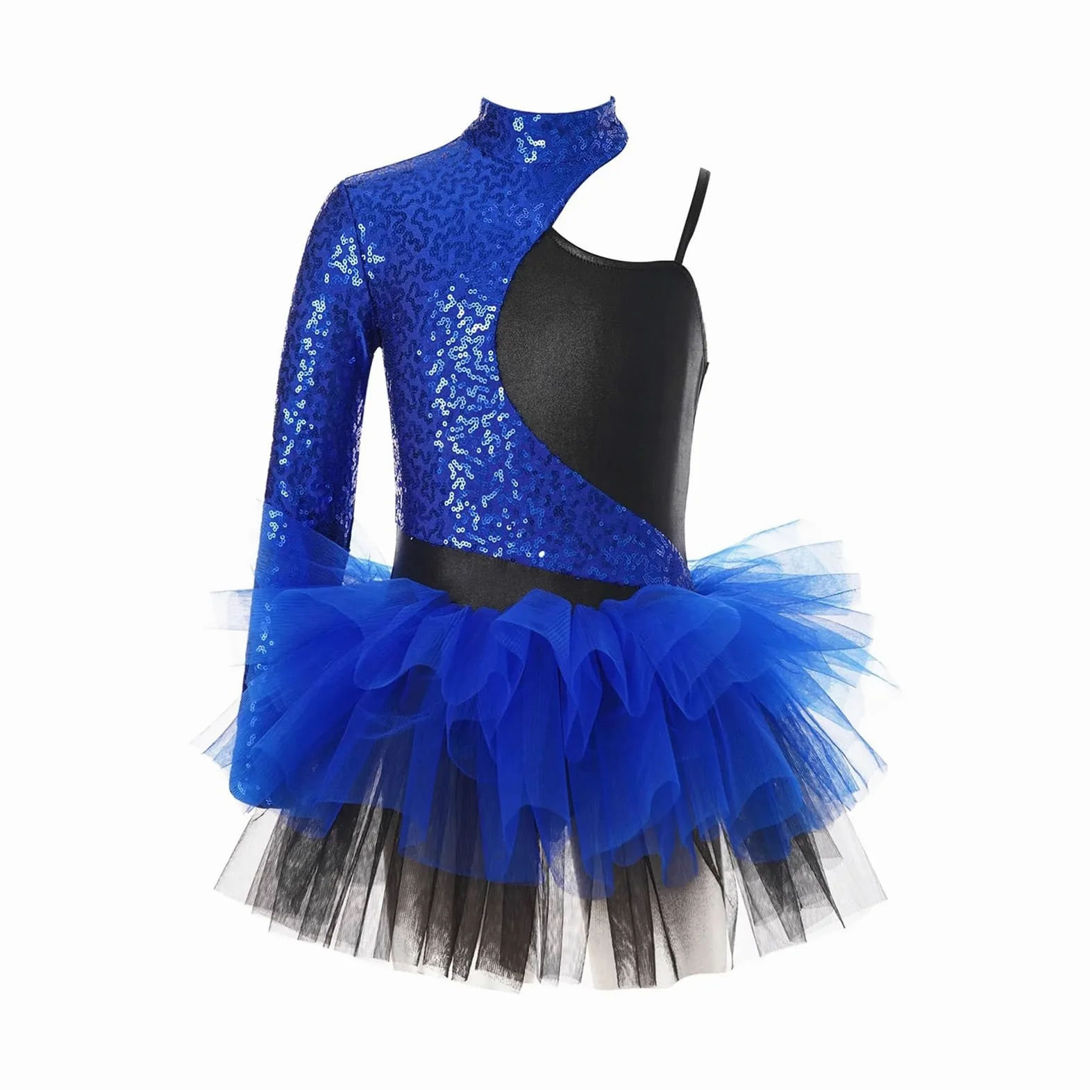 Maillot patinaje artistico Vestido de lentejuelas brillantes for niñas, falda de tul con mangas asimétricas, leotardo de gimnasia, Ropa de baile for adolescentes, trajes de baile de Jazz for niños(Blu