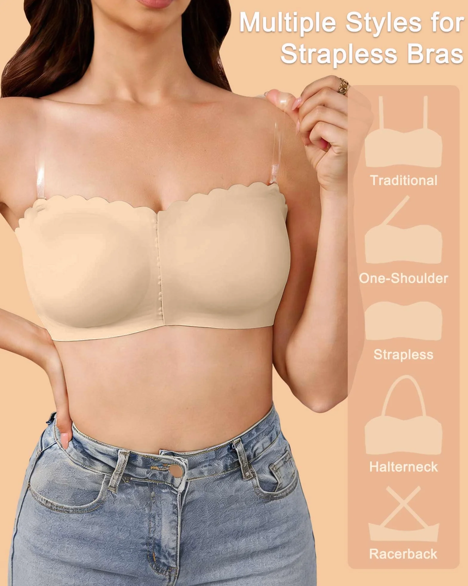 CheChury Sujetador sin Tirantes sin Aros Bandeau Push up para Mujer Tallas Grandes Ajustable Invisible Antideslizante