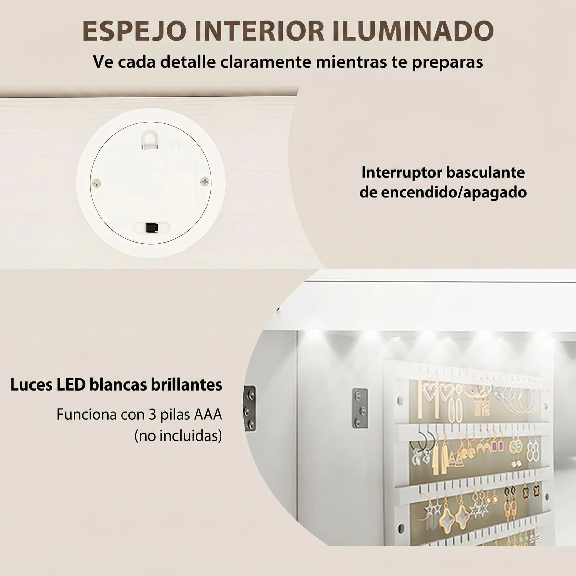 HOMCOM Espejo Joyero con Luz LED, Armario Joyero Montado en la Pared o en la Puerta, Armario para Joyas con Cerradura, Espejo Entero sin Marco, 2 Cajones, para Regalo, 37x10x120 cm, Blanco