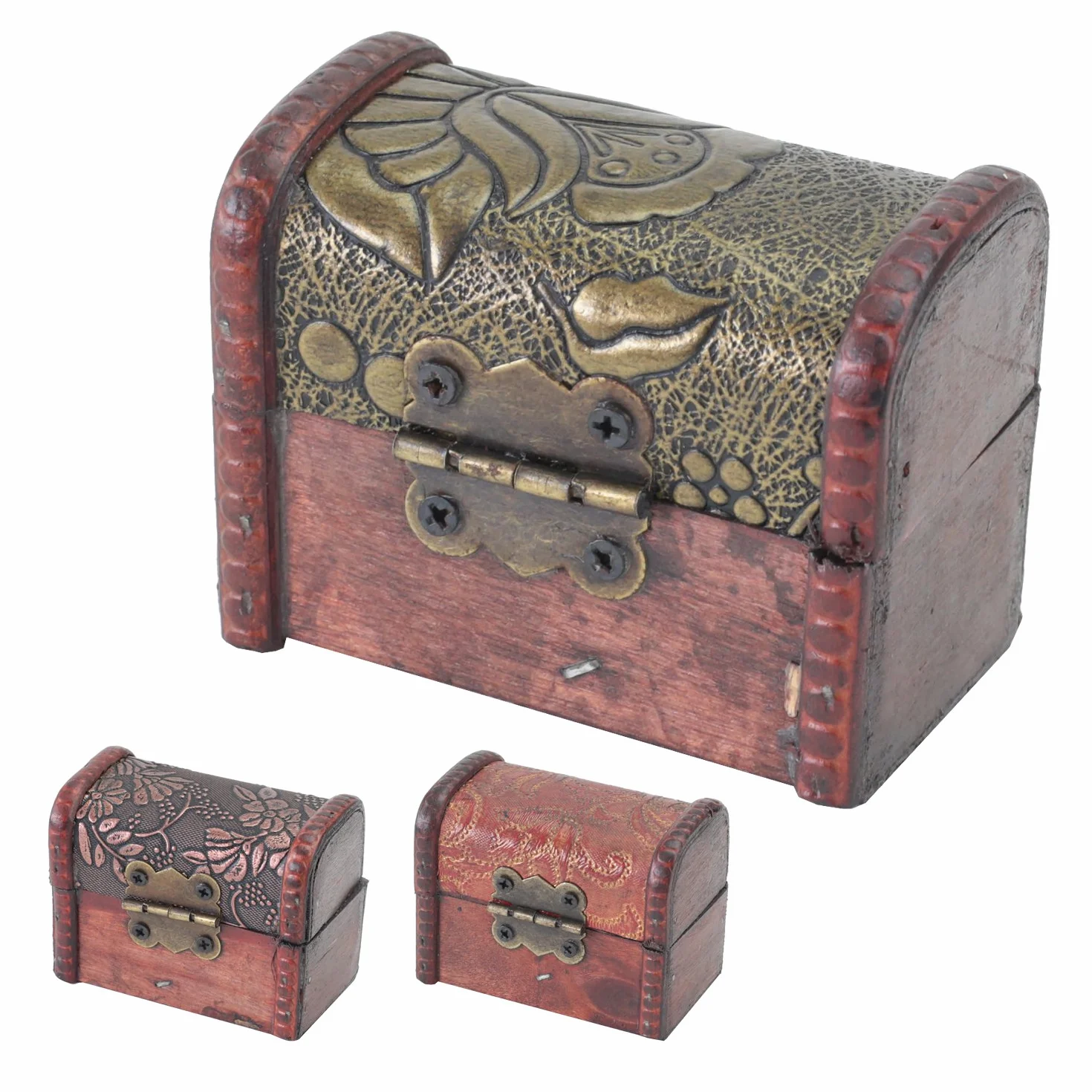 HMF Joyero de madera pequeño cofre del tesoro cierre vintage decorativo 8 x 5 x 6 cm Set de 3