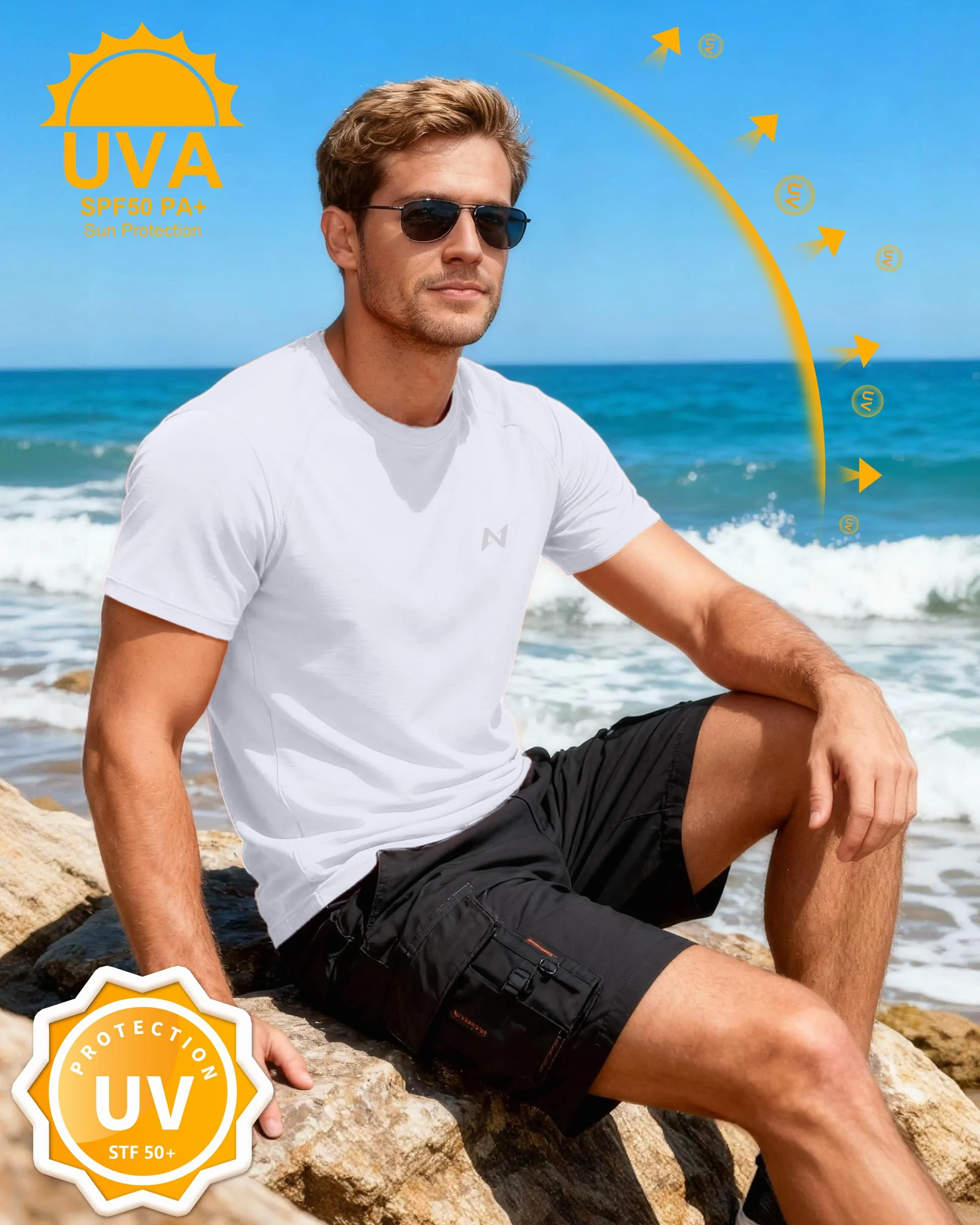 isnowood Camiseta de natación de Manga Corta para Hombre, Camiseta de protección Solar UPF 50+, de Secado rápido, para Playa, Pesca, Blanco, Large