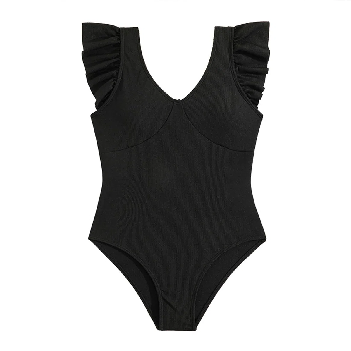 Generisch Niña Sunny Bañadores Niños Onepie Ce Traje de Baño Volantes Negro Traje de Baño Deep V Vientre T Uck Onepi Ece