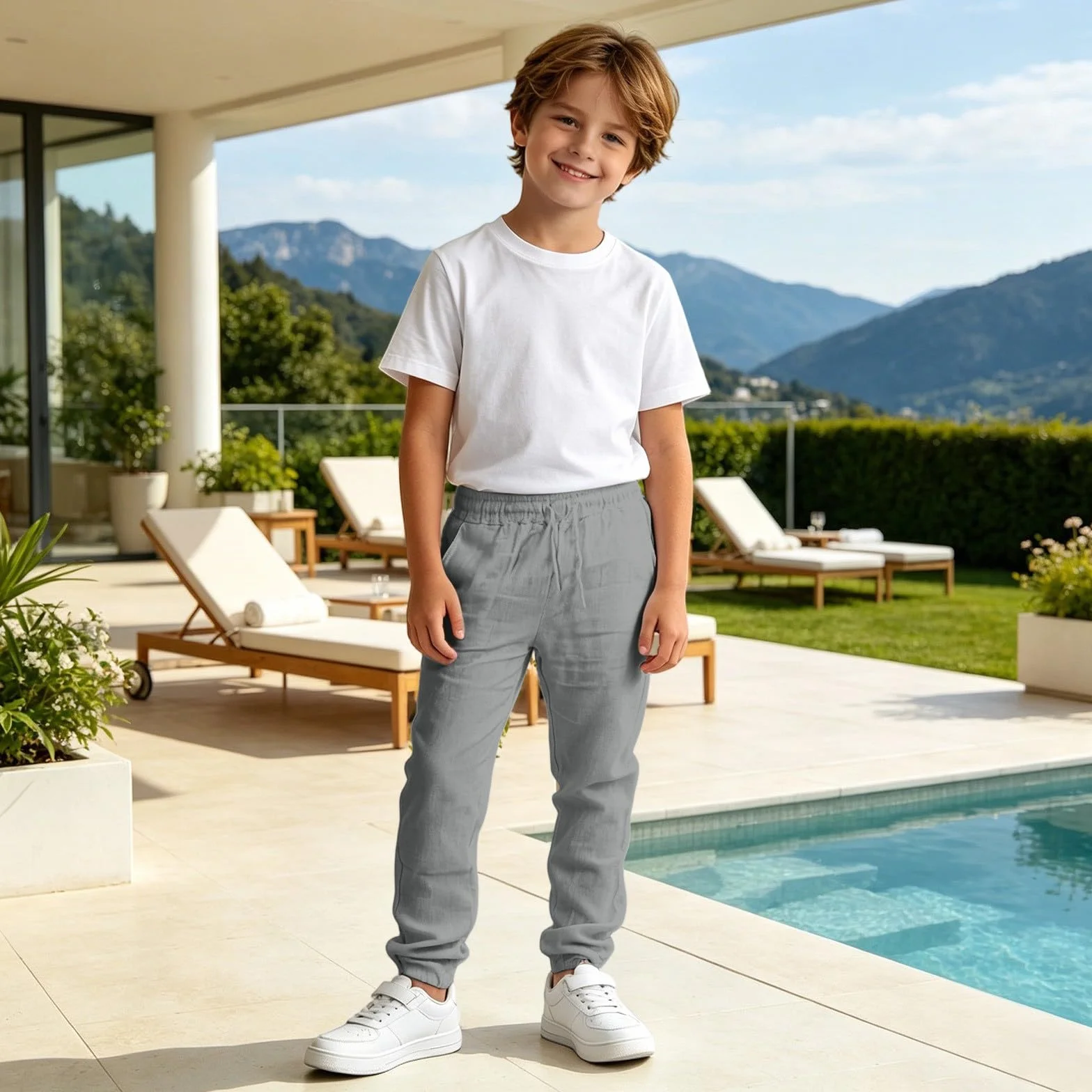 Pantalones de Muselina para Niños Cintura Elástica Algodón y Lino Casuales Sueltos Verano Ligero Transpirable con Bolsillos