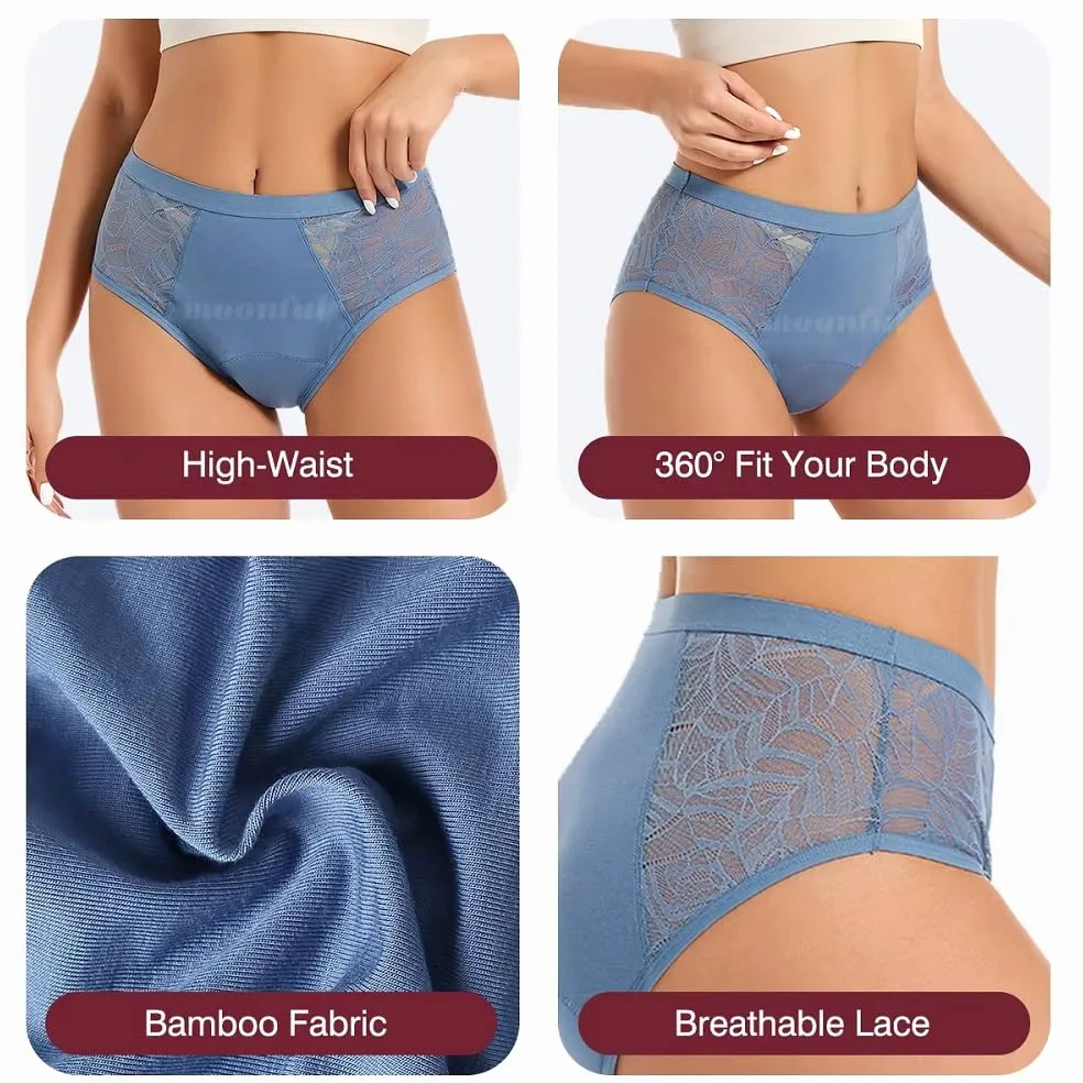 Braguitas Menstruales para Mujer de Encaje para Posparto Con Flujo Abundante Absorbentes A Prueba de Fugas de Algodón Transpirables Suaves Color Naranja Azul y Negro Talla L