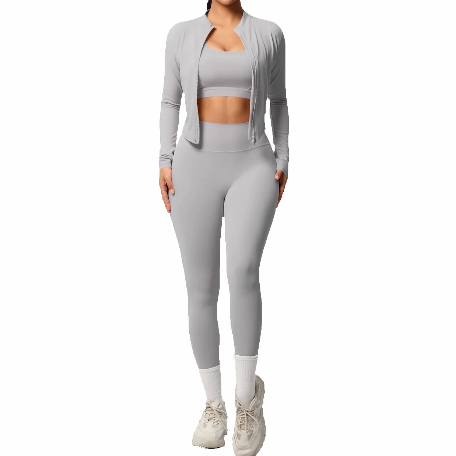 Traje de yoga para mujer de 3 piezas con chaqueta deportiva, chaqueta corta, leggings de manga corta, camiseta de tirantes, ropa deportiva, ropa deportiva a la moda, traje deportivo cómodo